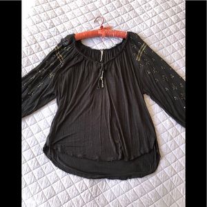Free People Black Boho Top w/Gold Beaded Sleeves